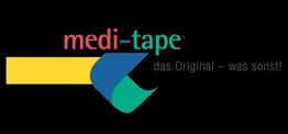 Logo von medi-tape mit buntem Pfeil und Slogan "das Original – was sonst!" auf schwarzem Hintergrund.