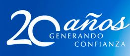 Texto en azul: "20 años generando confianza" sobre fondo degradado de azul claro a oscuro.