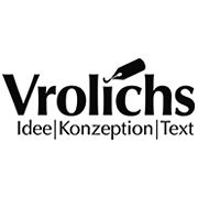 Schwarzes Logo mit der Aufschrift "Vrolichs Idee | Konzeption | Text" und einem Stift.