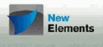 Logo mit blauem Bogen und Text "New Elements" auf grauem Hintergrund.