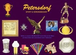 Petersdorf Sportartikel und Trophäen: Pokale, Medaillen und Vereinsbedarf auf violettem Hintergrund.