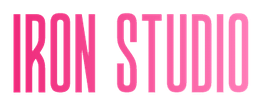 Texto "IRON STUDIO" en degradado de rosa a blanco sobre fondo blanco.