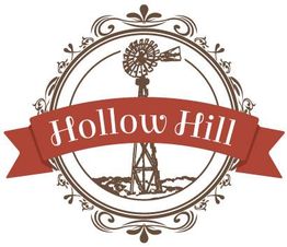 Vintage logo with windmill and "Hollow Hill" text on a red banner. Decoratively framed.