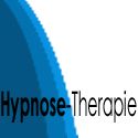 Blauer Bogen links, Text: "Hypnose-Therapie" in Schwarz und Blau auf weißem Hintergrund.