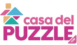 Logo de "Casa del Puzzle" con figuras geométricas de colores y texto rosa.