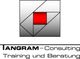 Graues Quadrat mit rotem Zentrum; Text: "Tangram-Consulting, Training und Beratung".