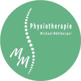 Grünes Logo mit Wirbelsäule, Aufschrift "Physiotherapie Michael Mühlberger", Initialen "MM".