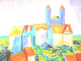 Bunte, abstrakte Darstellung eines Gebäudes mit roten Dächern und zwei blauen Türmen.