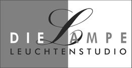 Schwarz-weißes Logo: "Die Lampe Leuchtenstudio" mit stilisiertem "L" über grau-weißem Hintergrund.