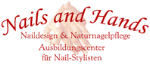 Logo mit Text: "Nails and Hands", Ausbildung für Nail-Stylisten, mit Handillustration.