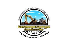 Excavator logo for Northeast Georgia Landworks, includes contact info and services like grading.