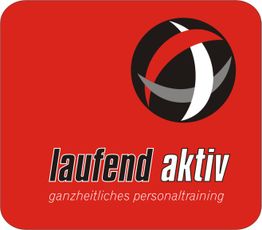 Rotes Logo mit "laufend aktiv" und "ganzheitliches personaltraining" in Weiß und Schwarz.