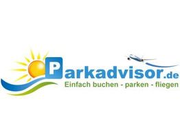 Logo von Parkadvisor.de mit Sonne, Flugzeug und Slogan: "Einfach buchen - parken - fliegen".