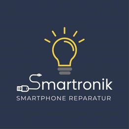 Logo mit Glühbirne, Text: Smartronik, Smartphone Reparatur. Blauer Hintergrund.