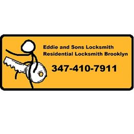 Stick figure riding a key with text: "Eddie and Sons Locksmith, Brooklyn, 347-410-7911".