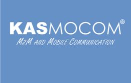 Blaues Logo mit weißem Text: "KASMOCOM, M2M and Mobile Communication".