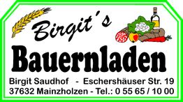 "Logo von Birgit's Bauernladen mit Adresse, Telefon und Illustrationen von Lebensmitteln."