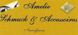 Gelbes Amelie-Logo mit "Schmuck & Accessoires" und "Neueröffnung". Oben links Augen, rechts ein Emblem.
