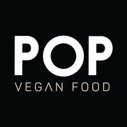 Texto em branco "POP VEGAN FOOD" em fundo preto.