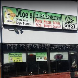 Sign for Moe’s Italian Restaurant with offers for pizza, burgers, and more.