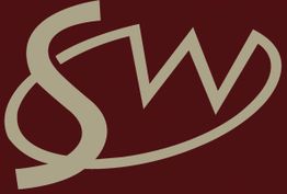Logo mit geschwungenem beige-rotem Design auf dunkelrotem Hintergrund.