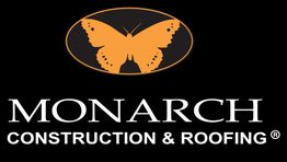 Orange butterfly logo with "Monarch Construction & Roofing" text on black background.