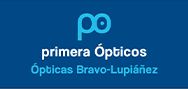 Logo azul de "primera Ópticos" y "Ópticas Bravo-Lupiáñez".