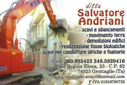 Escavatore arancione demolisce un edificio; contatti e servizi di Salvatore Andriani a destra.