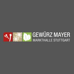 Logo von Gewürz Mayer, Markthalle Stuttgart, mit Gewürzsymbolen auf grauem Hintergrund.