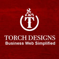 Logo with a torch icon and text: "Torch Designs - Business Web Simplified" on a red background.