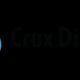 Logo met blauwe lijnen en de tekst "Crux Digits" op een zwarte achtergrond.