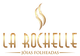 Logo 'La Rochelle, Jóias Folheadas' com símbolo dourado estilizado acima.