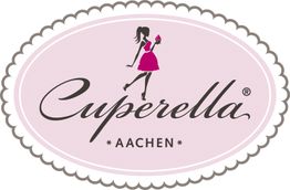Logo von „Cuperella Aachen“ mit einer Frau, die ein rosa Kleid und einen Cupcake hält.