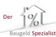 Stilisiertes Haus mit Prozentzeichen, Text: "Der Baugeld Spezialist" in Rot und Grau.