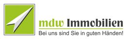 Logo von mdw Immobilien mit Papierflieger und Slogan: "Bei uns sind Sie in guten Händen!"