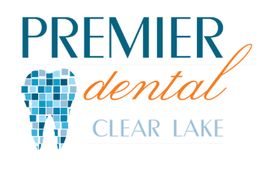 Logo with mosaic tooth design, text: Premier Dental Clear Lake.