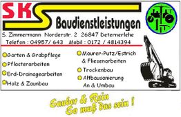 SK Baudienstleistungen Logo mit Kontaktinfos und Baggergrafik. Slogan: Sauber & Rein – So muß das sein!