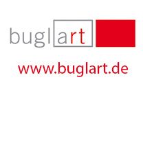 Logo mit Text "buglart" und "www.buglart.de" in Rot, rechteckiges rotes Symbol rechts oben.