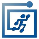 Símbolo azul de figura humana estilizada corriendo dentro de un cuadrado con línea y punto.