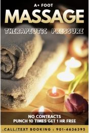 Massage flyer with towels, candles, and a flower; offers loyalty card reward and booking number.