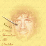 Gelbliches Porträt mit Gesichtszeichnung, eleganten Schriftzügen und einem Pinsel links.