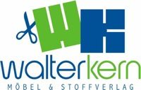 Logo von Walter Kern mit Schere, grünen und blauen Buchstaben "WK", Möbel & Stoffverlag.