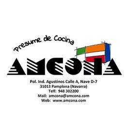 Logotipo de AMCONA con detalles de contacto y lema "Presume de Cocina" en la parte superior.