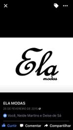 Logo com texto "Ela Modas" em preto sobre fundo branco.