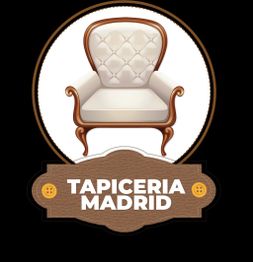 Logotipo con un sillón clásico y el texto "Tapicería Madrid" en un fondo oscuro.