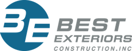 Logo for Best Exteriors Construction, Inc. with a stylized "BE" in blue circle.