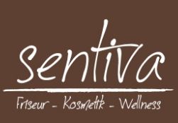 Text: „sentiva Friseur - Kosmetik - Wellness“ auf braunem Hintergrund.