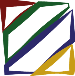 Abstraktes Logo mit farbigen, sich überlagernden Dreiecken in Rot, Grün, Blau und Gelb.