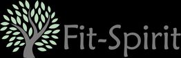 Logo met boom en tekst "Fit-Spirit" op zwarte achtergrond, bladeren in lichtgroen.