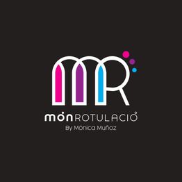 Logo de "mòn ROTULACIÓ" con diseño en rosa, morado y azul sobre fondo negro.